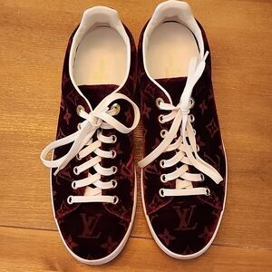 Authentic Louis Vuitton Front Row Red Velvet Monogram Patent Sneakers Shoes 39